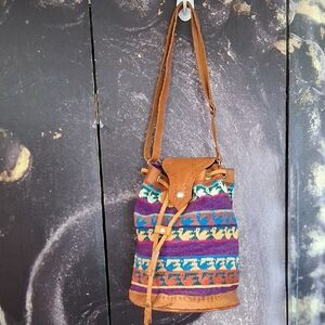 Boho Multicolor Woven Bucket Bag with Tan Leather Trim Handmade Guatemala